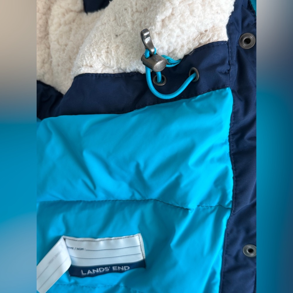 EUC Lands' End Girls Navy Sherpa Hooded Expedition Parka with Teal Trim, Size 14 - Picture 13 of 16